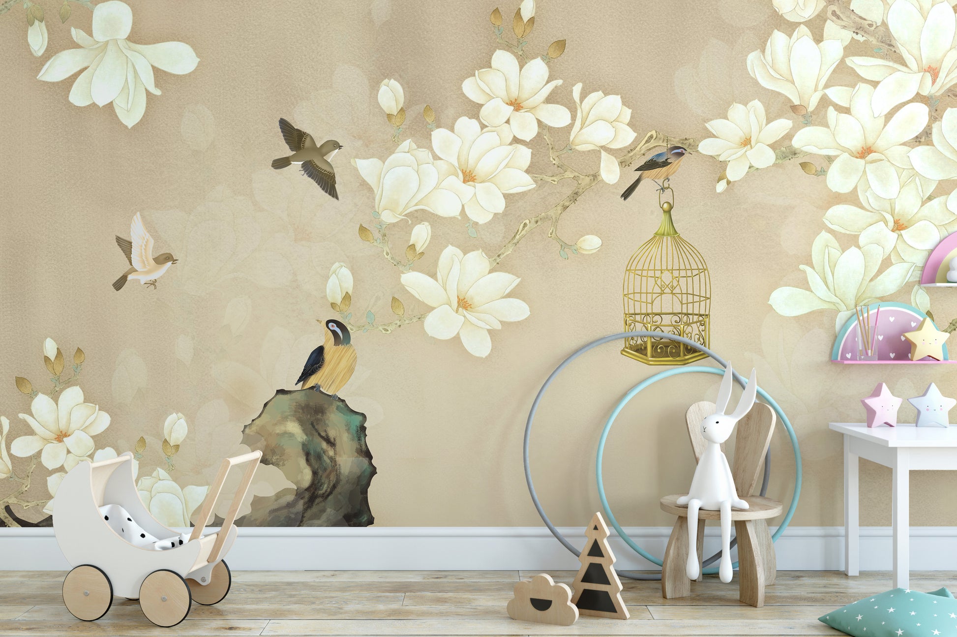 Stick on magnolia flower wallpaper