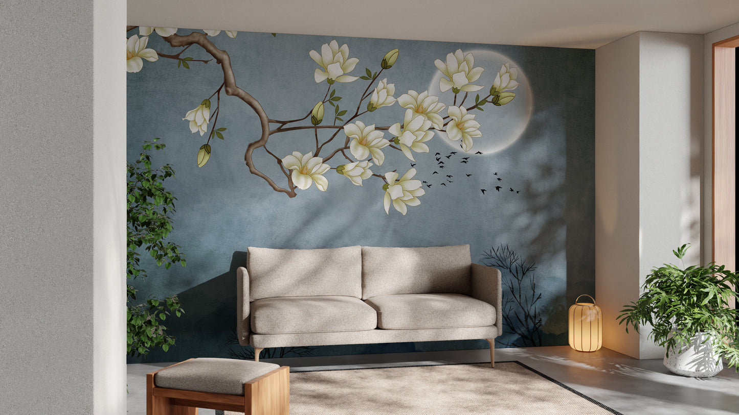 Blue Moon & White Flower Wallpaper Murals