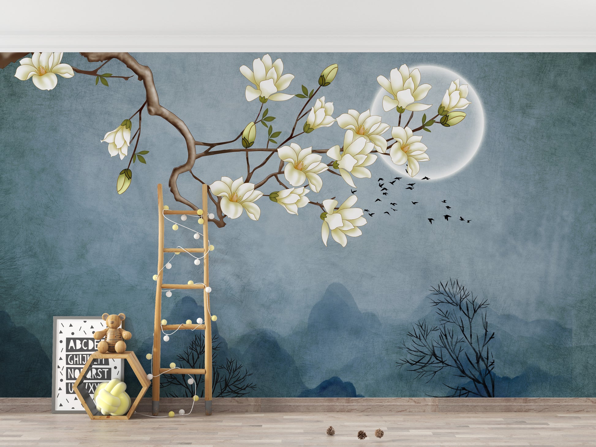 White flower mural wallpaper