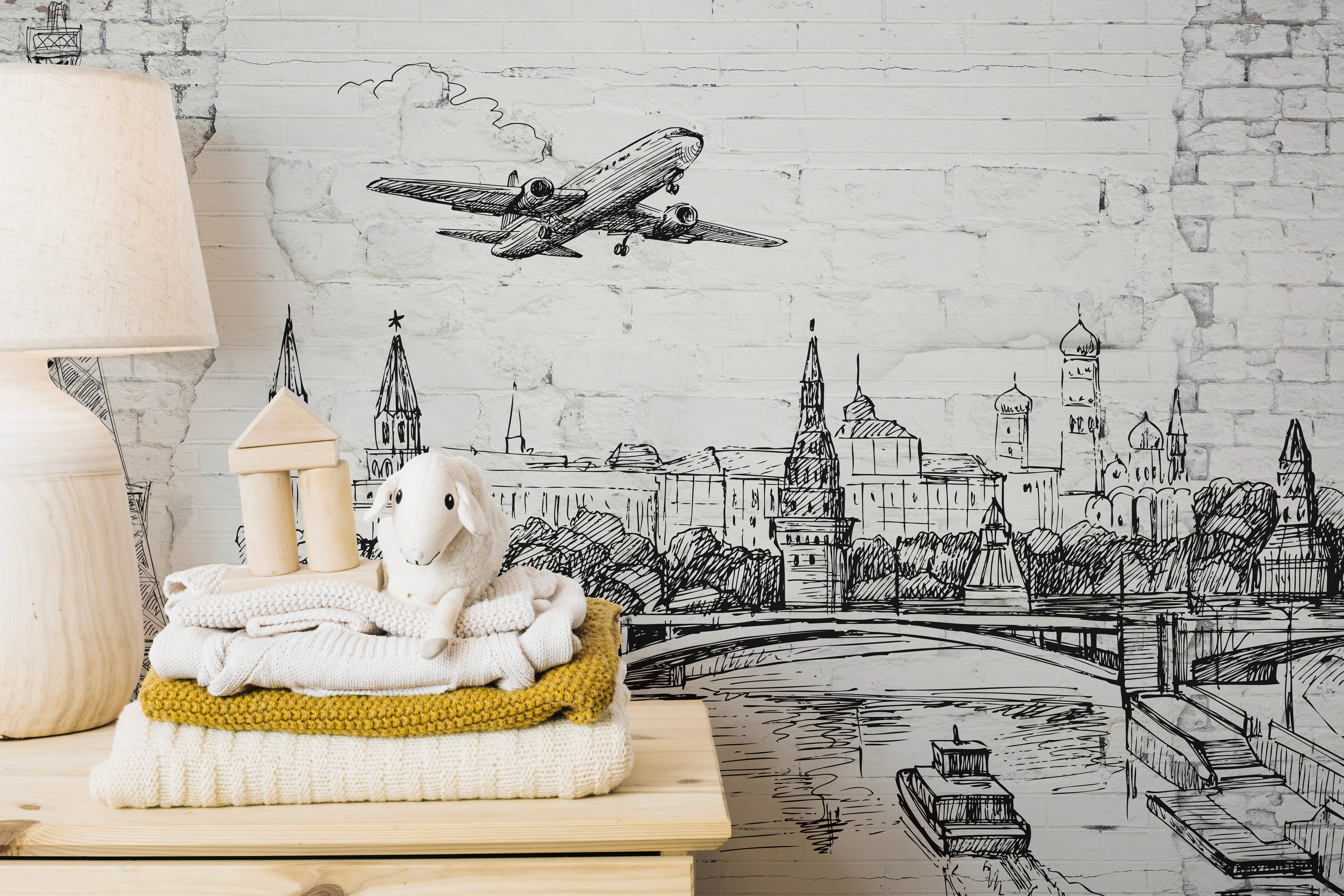 World Landmarks on Old Brick wallpaper mural for walls