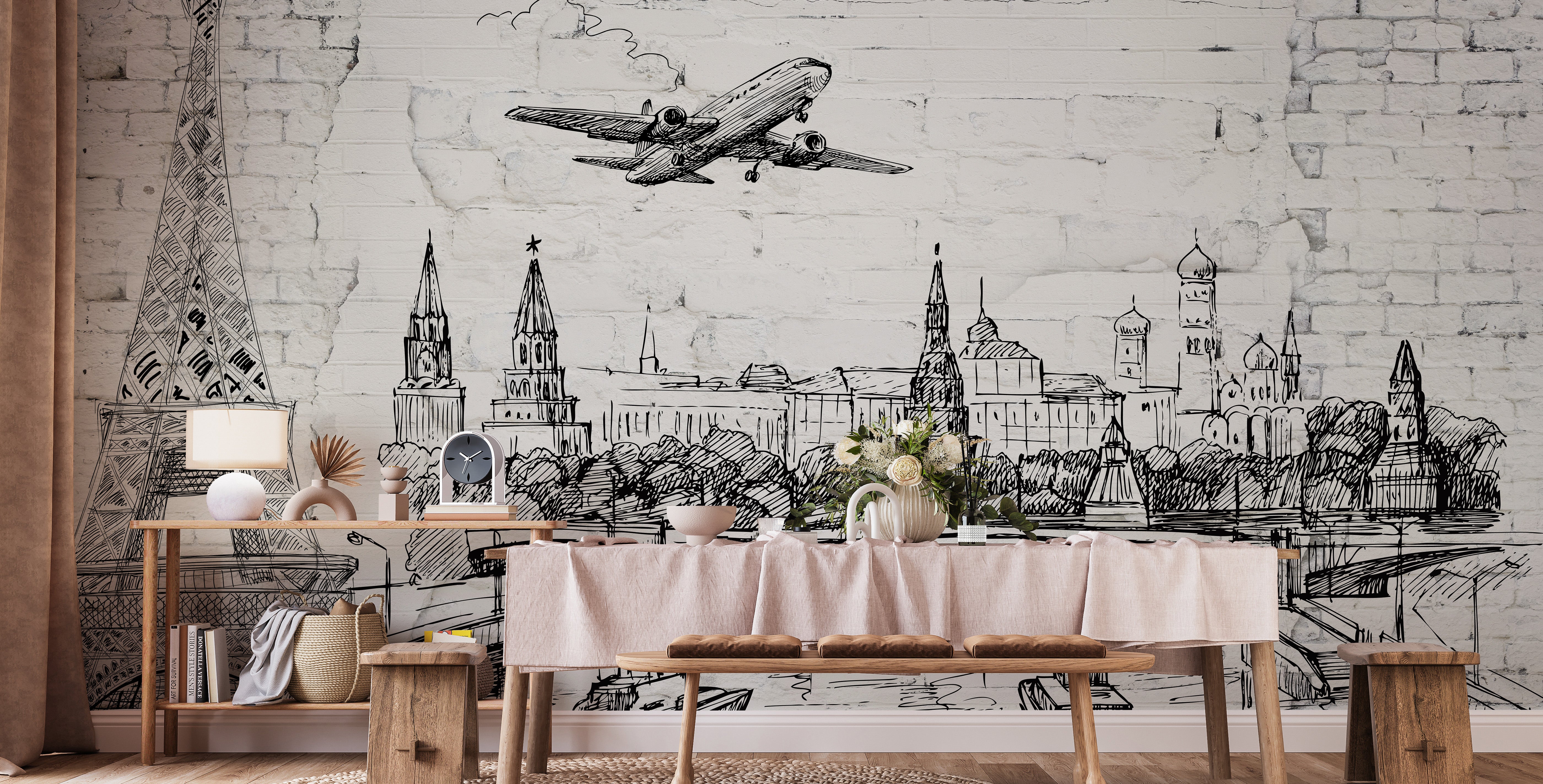 Peel and stick wallpaper mural featuring World Landmarks on Old Brick