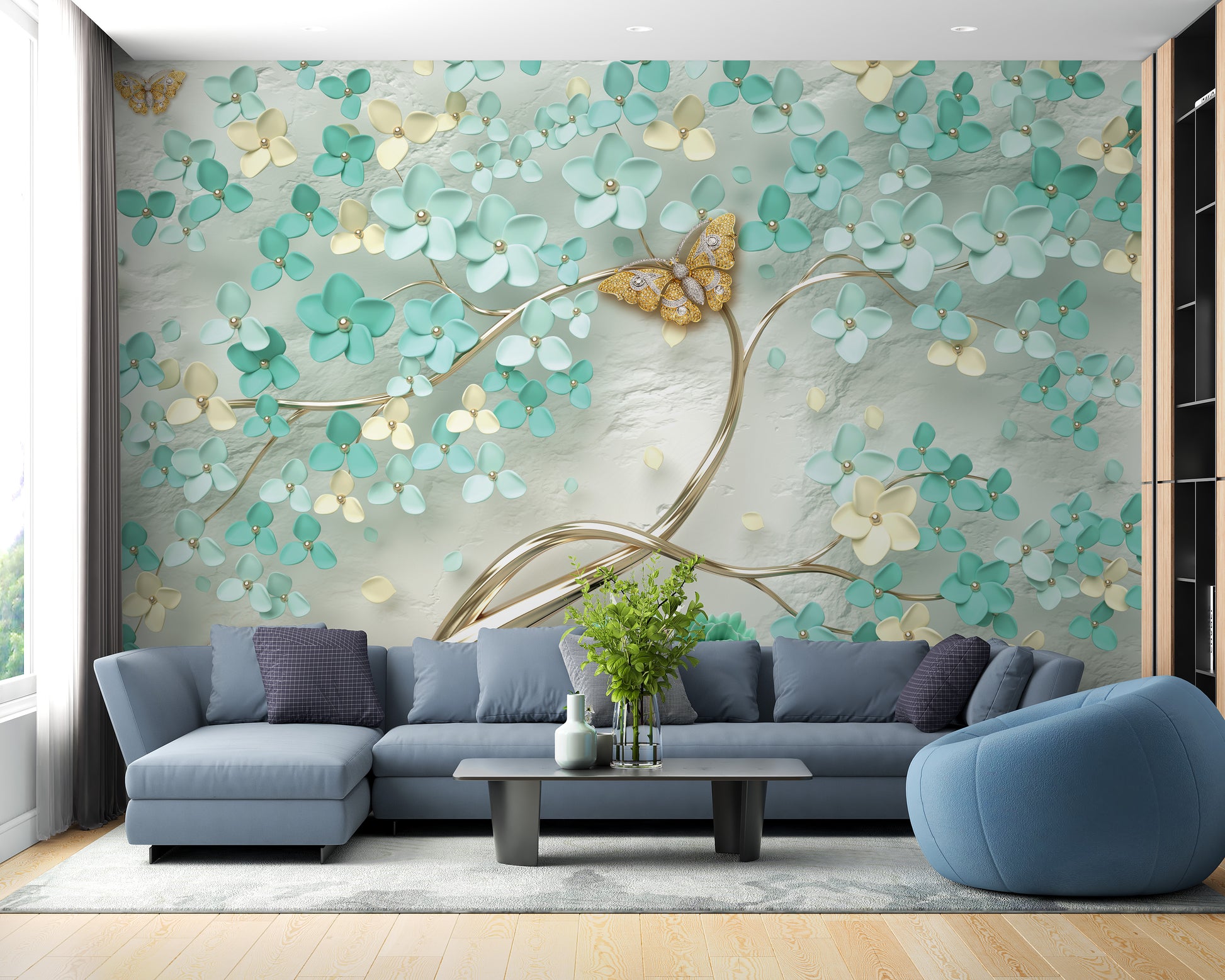 Green flowers with golden butterfly wallpaper mural design