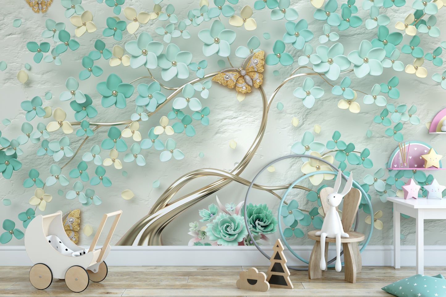 Green Flowers Golden Butterfly Wallpaper Murals