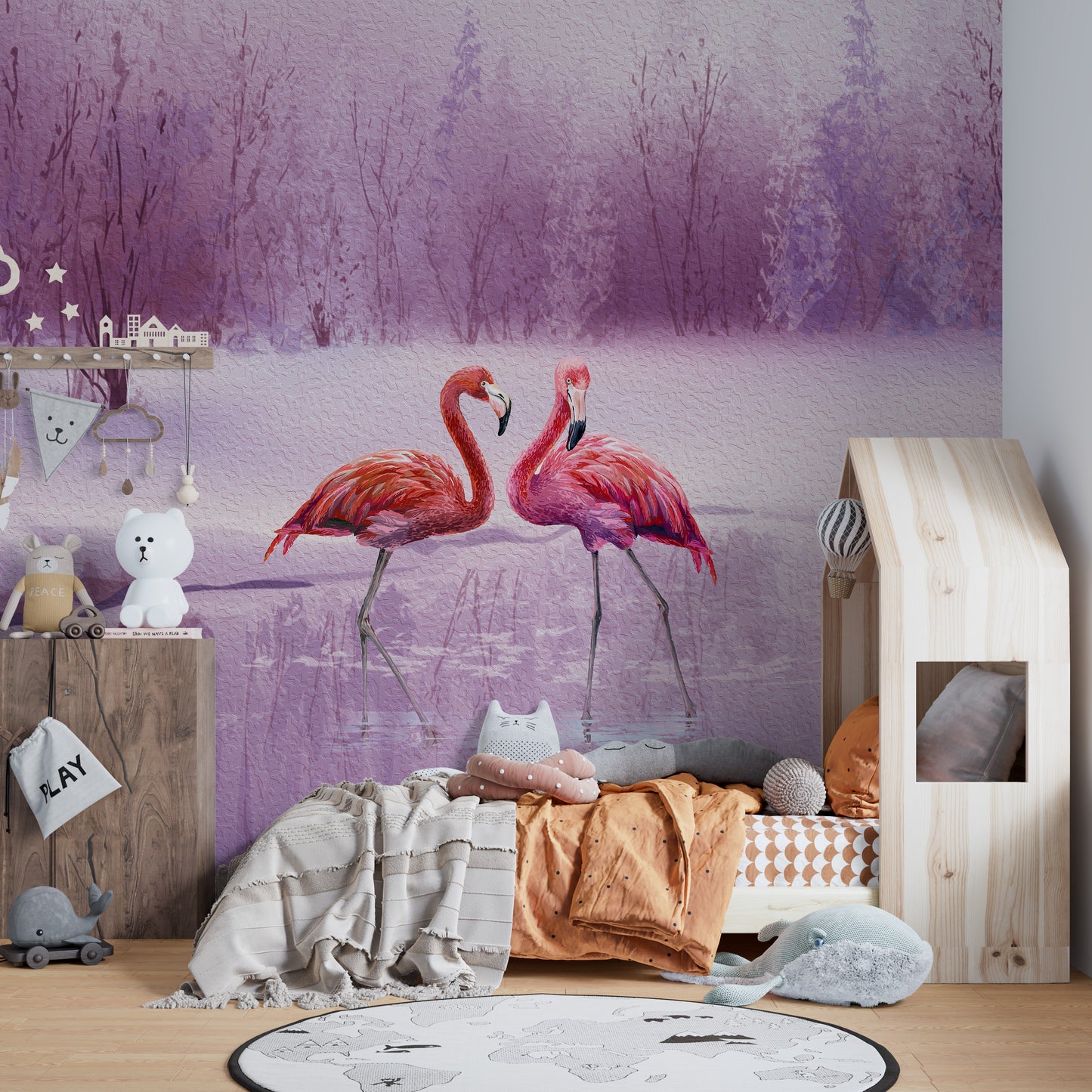 Pink flamingo mural for vibrant interior decor