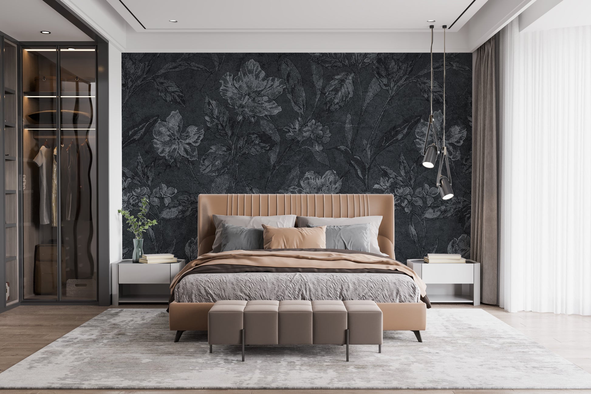 black floral wallpaper mural