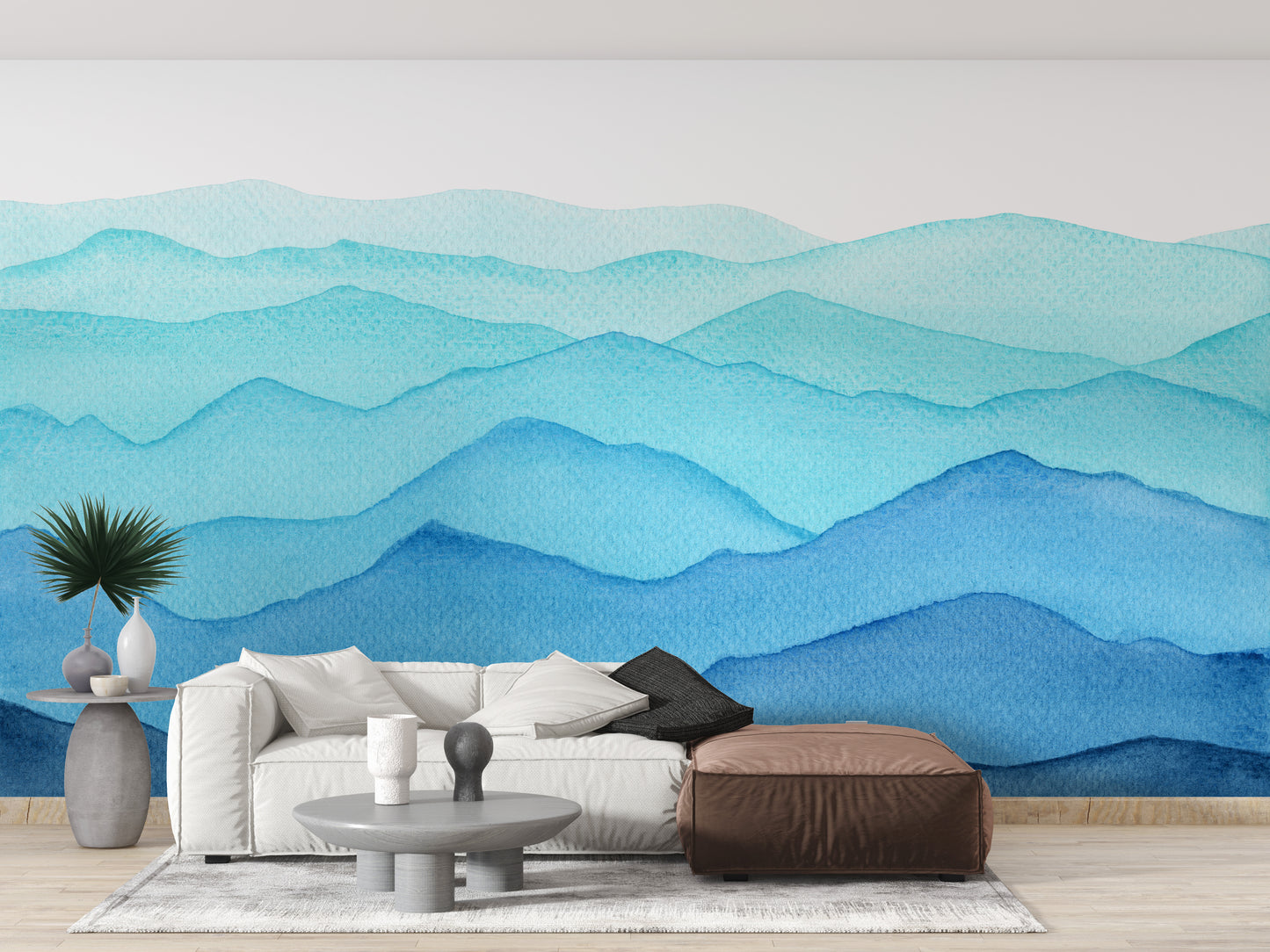 Blue Watercolor Waves Mountains Wallpaper Murals