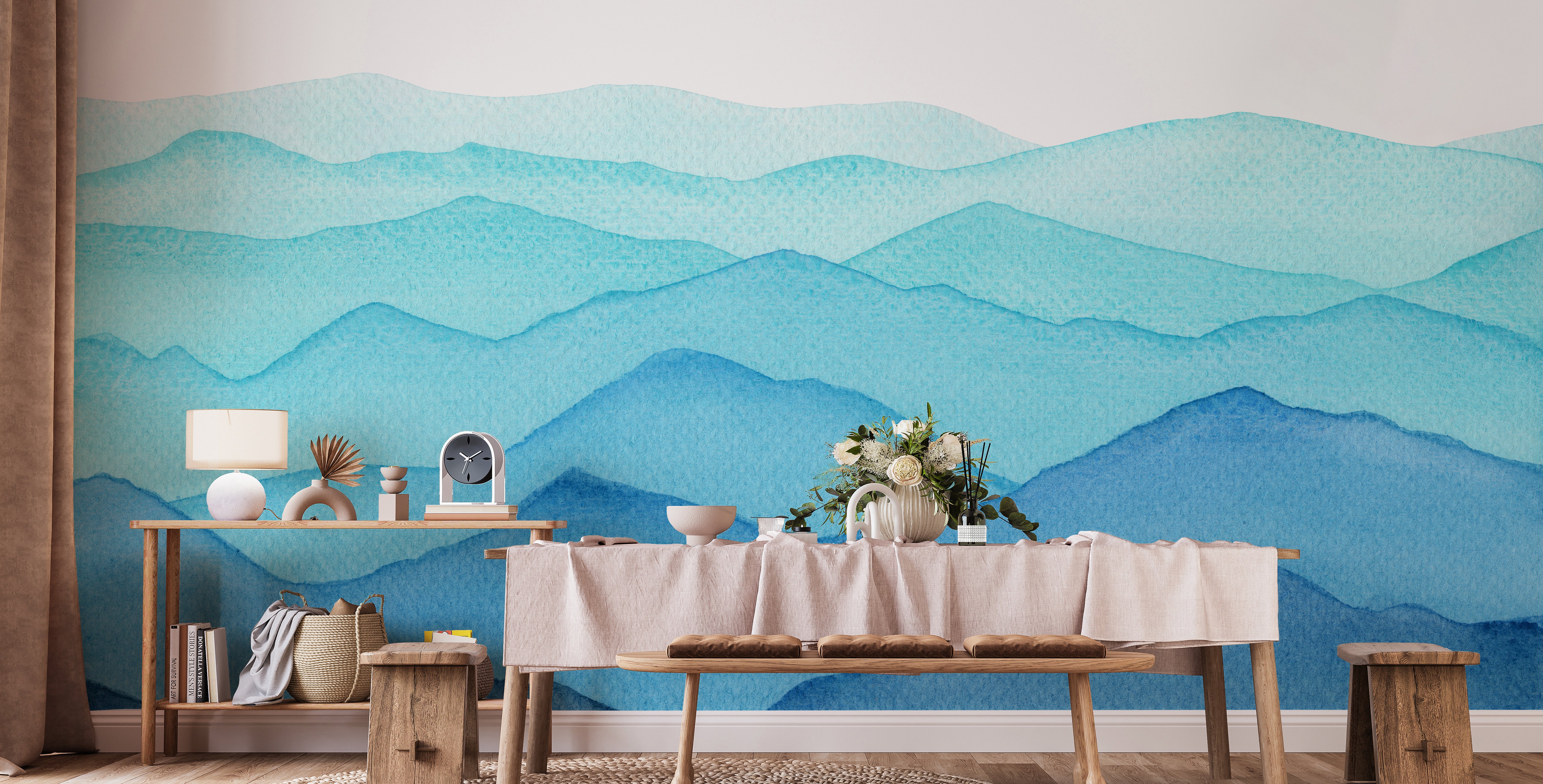 blue watercolor waves mountains mural wallpaper