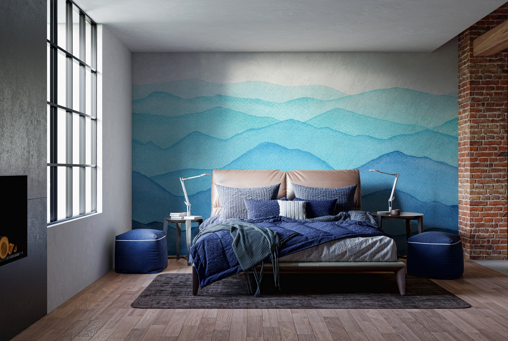 blue watercolor waves mountains Stick on wallpaper