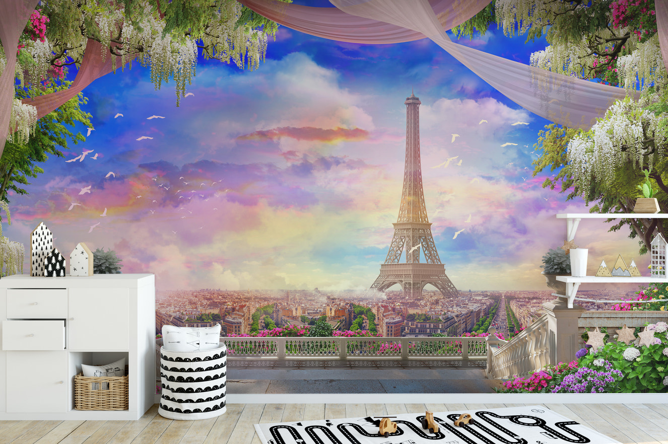 Balcony Eiffel Tower Pink Sunset Wallpaper