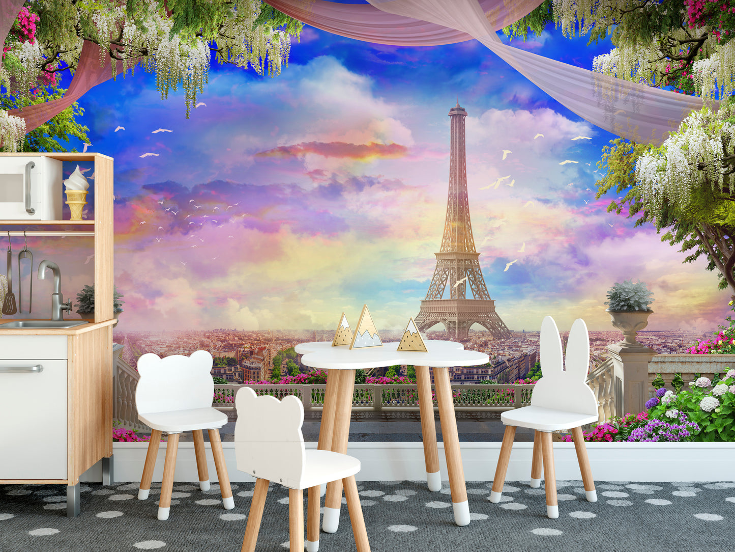 Balcony Eiffel Tower Pink Sunset Wallpaper Mural