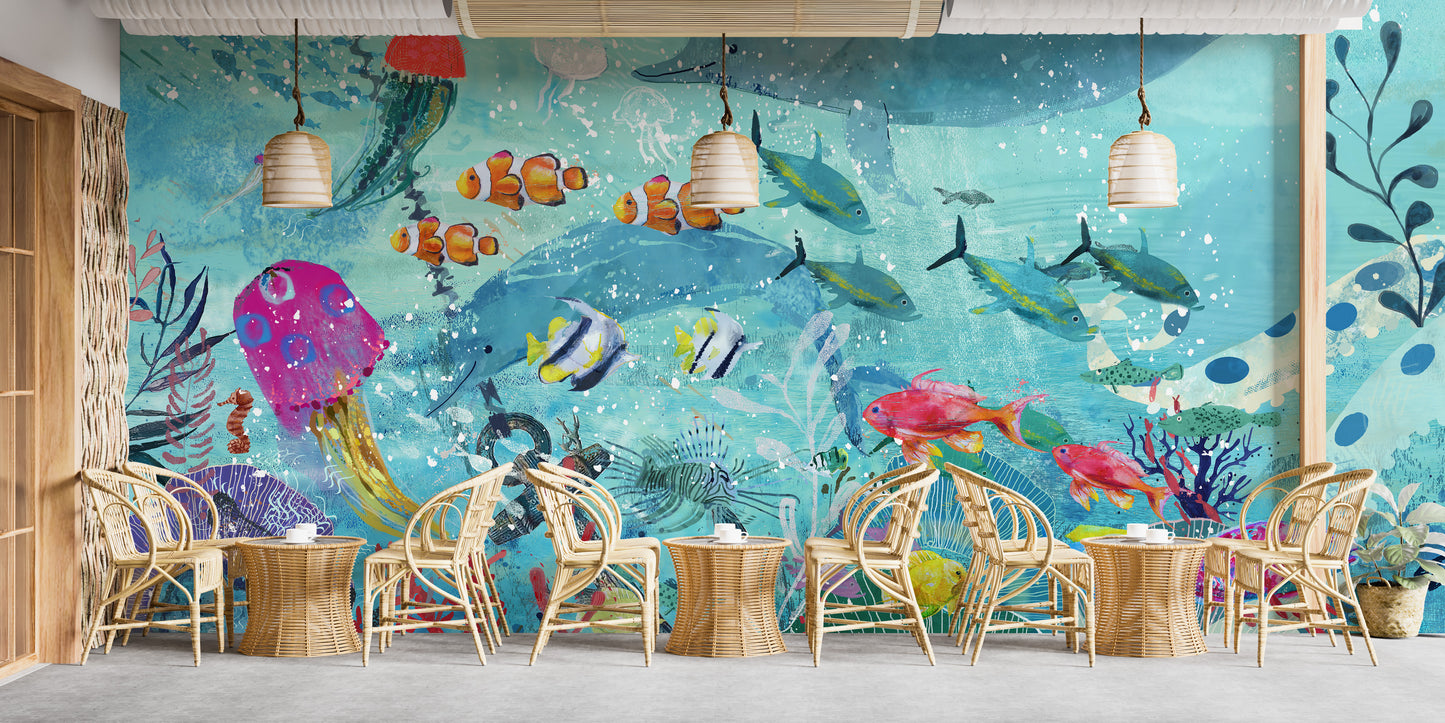 Watercolor Blue Underwater Fish Wallpaper Mural