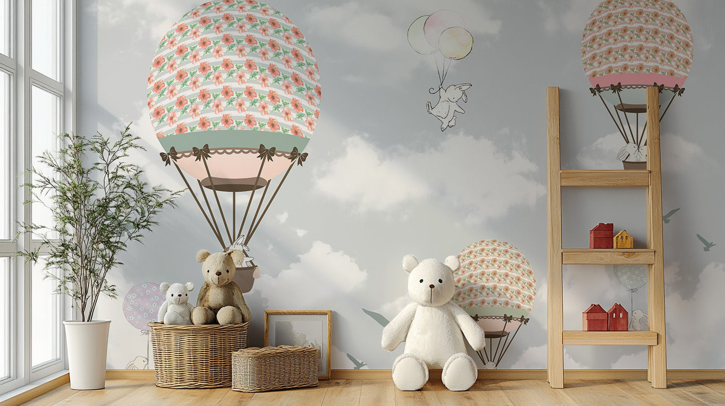 Animals on Balloons in the Sky Wallpaper Mural