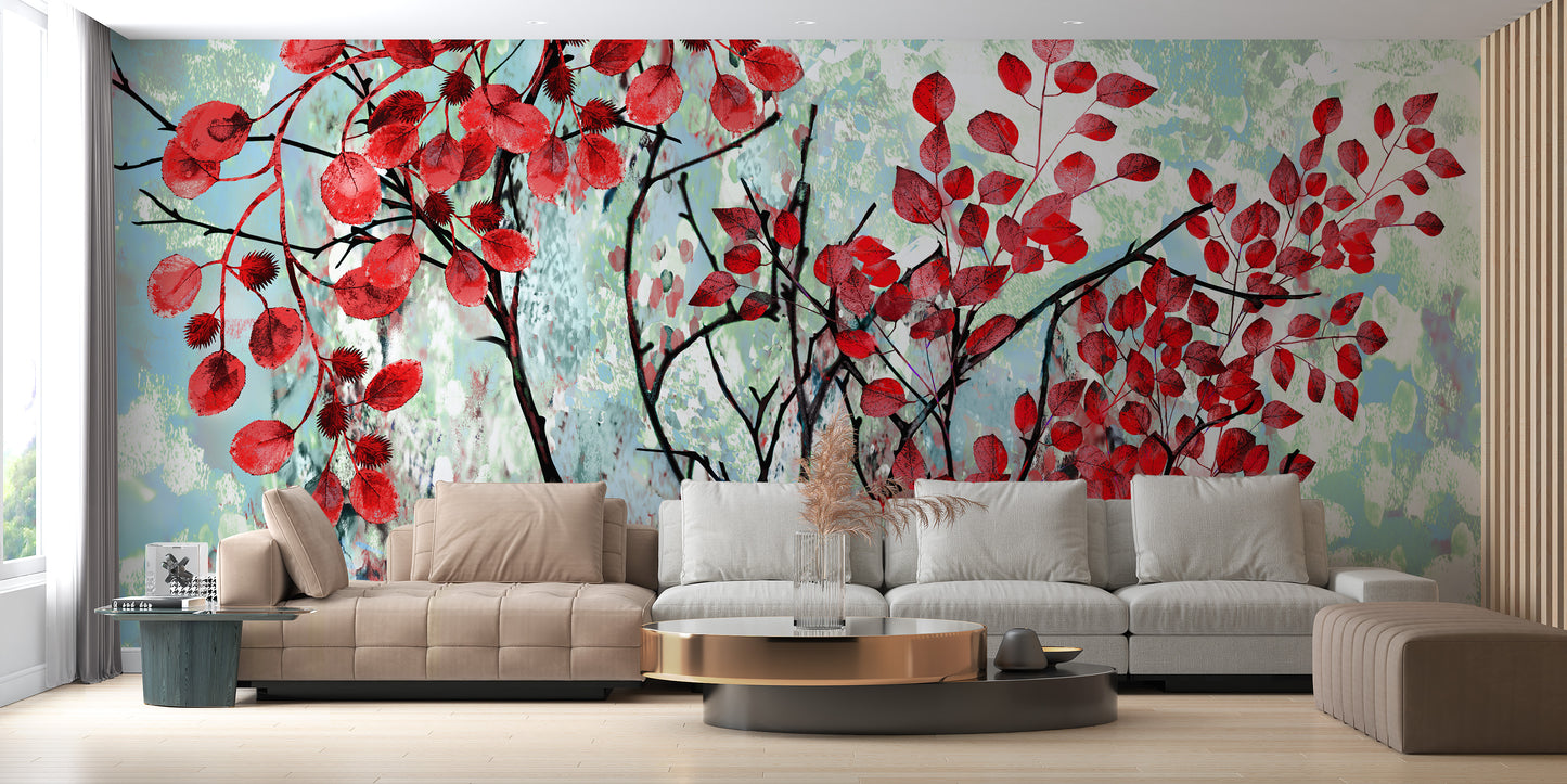 Oil Painted Red Leaves Wallpaper Murals