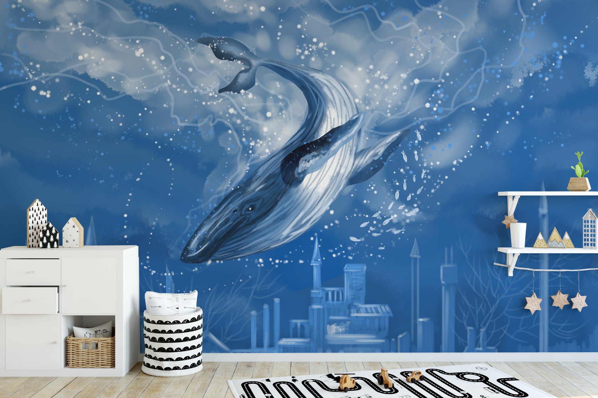 Ocean-themed blue whale wallpaper design