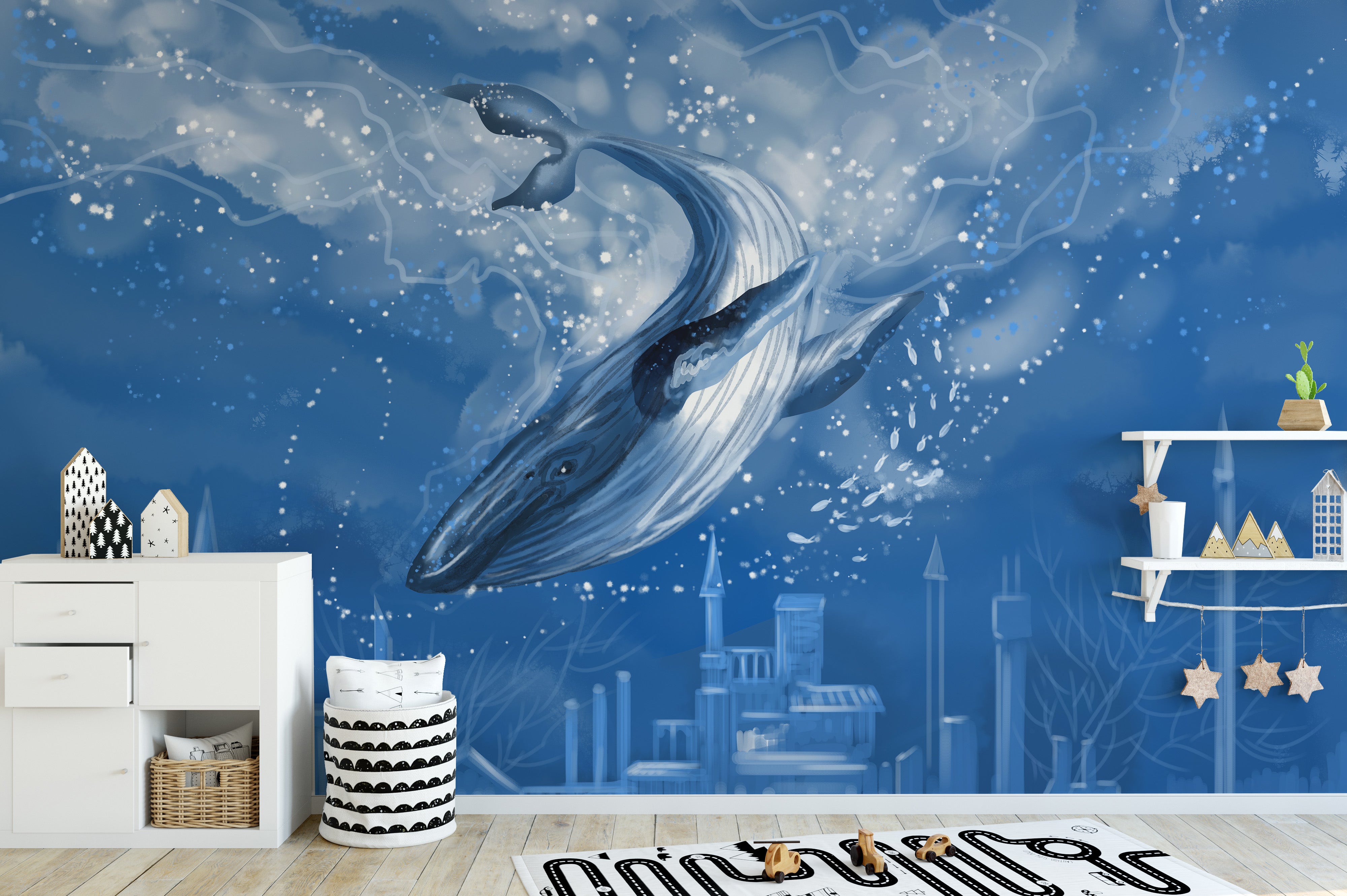 Ocean-themed blue whale wallpaper design