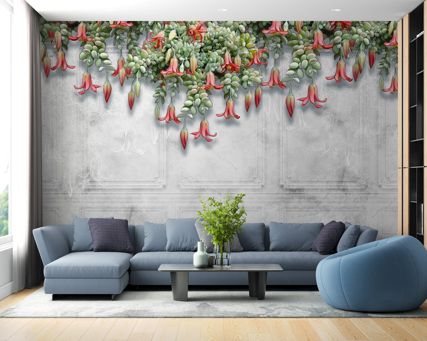 Hanging Exotic Flowers Concrete Gray Wall Murals