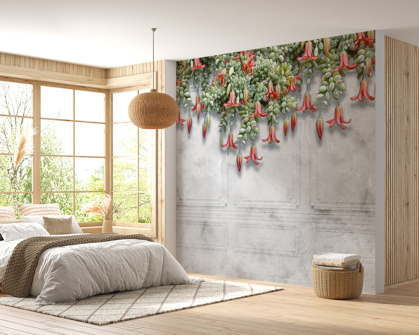 Hanging Exotic Flowers Concrete Gray Wall Murals