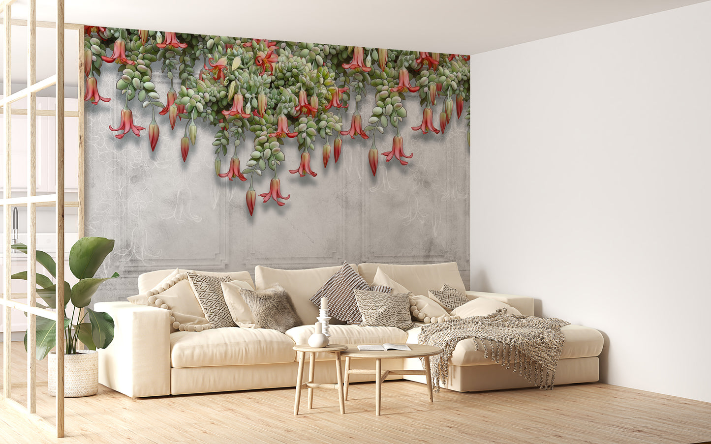 Concrete wall mural featuring exotic flowers