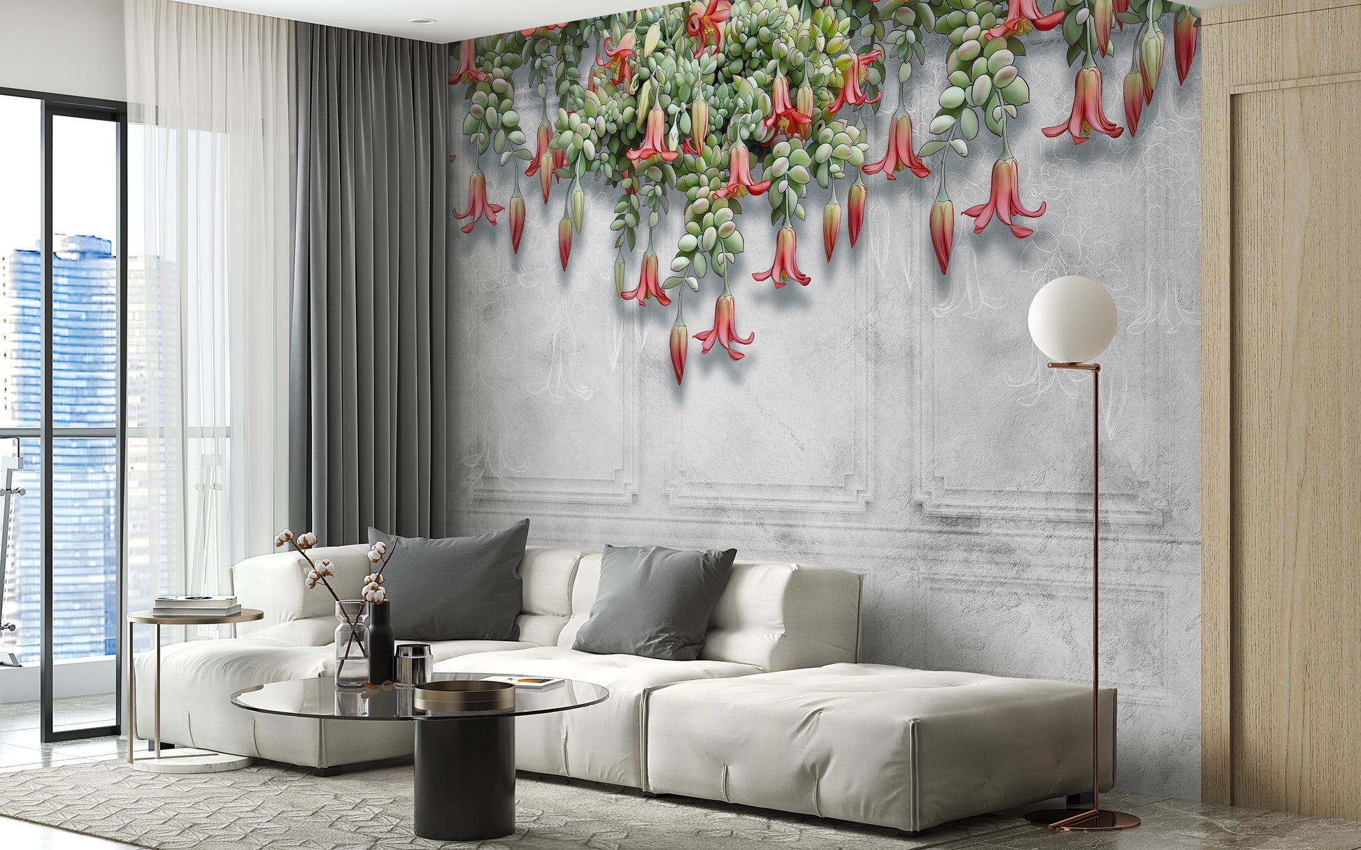 Hanging flowers wallpaper with gray concrete