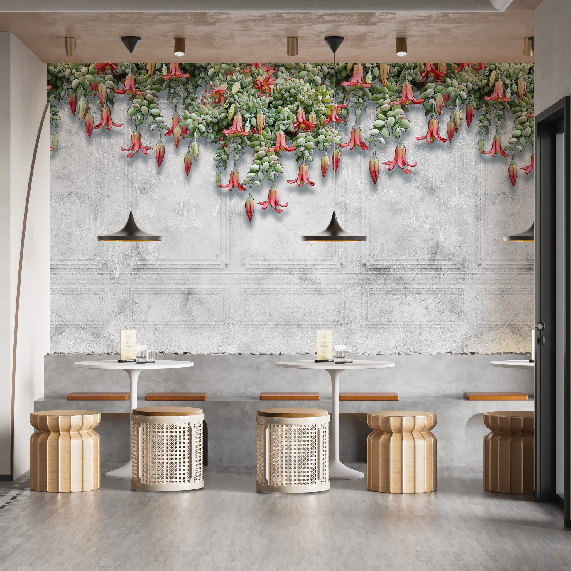 Exotic floral design, gray concrete mural