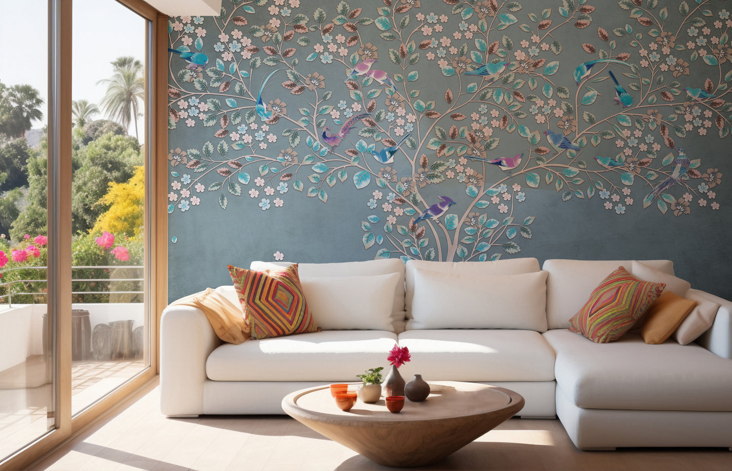 Artistic leaves and birds mural
