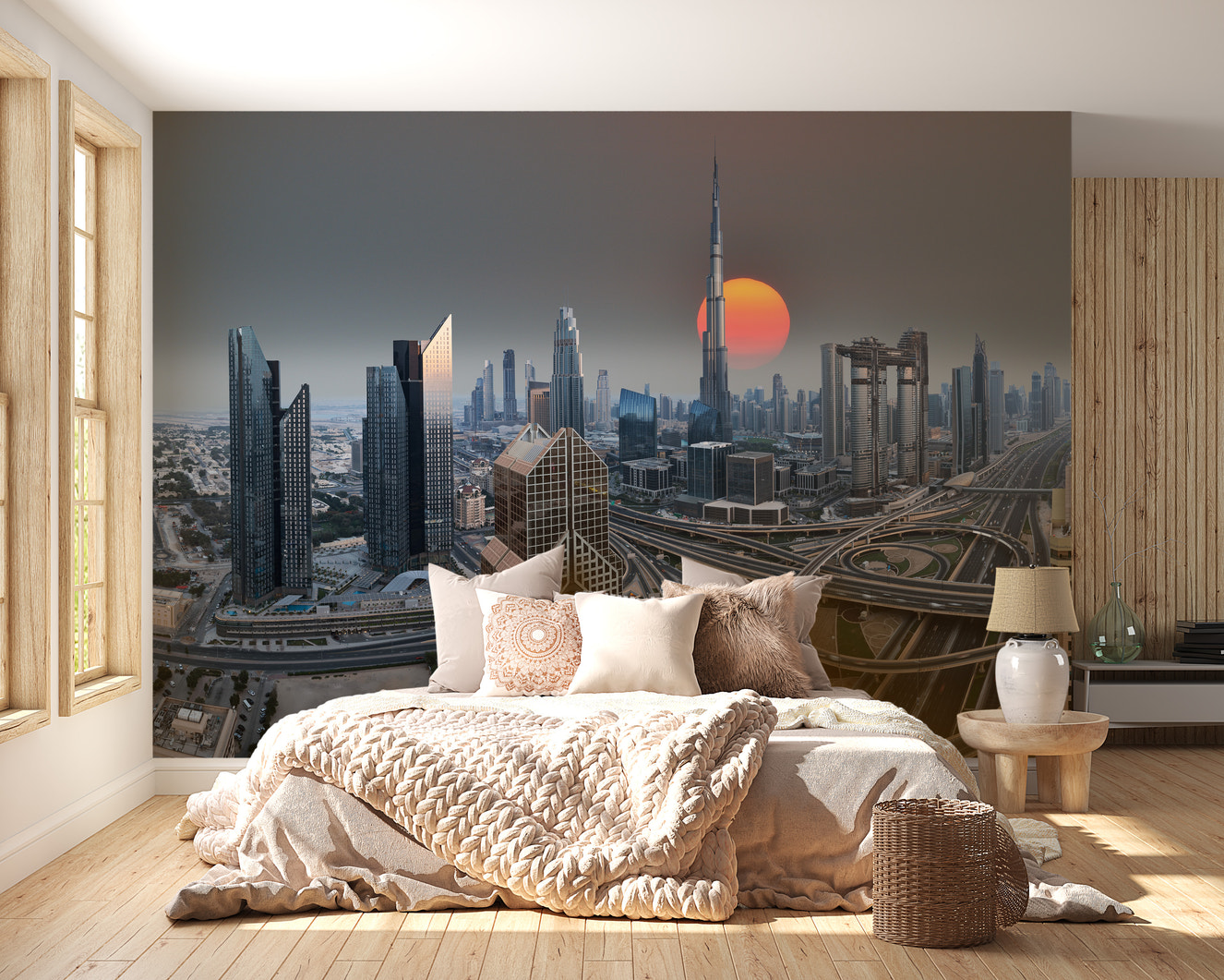 Dubai skyline mural during sunrise view