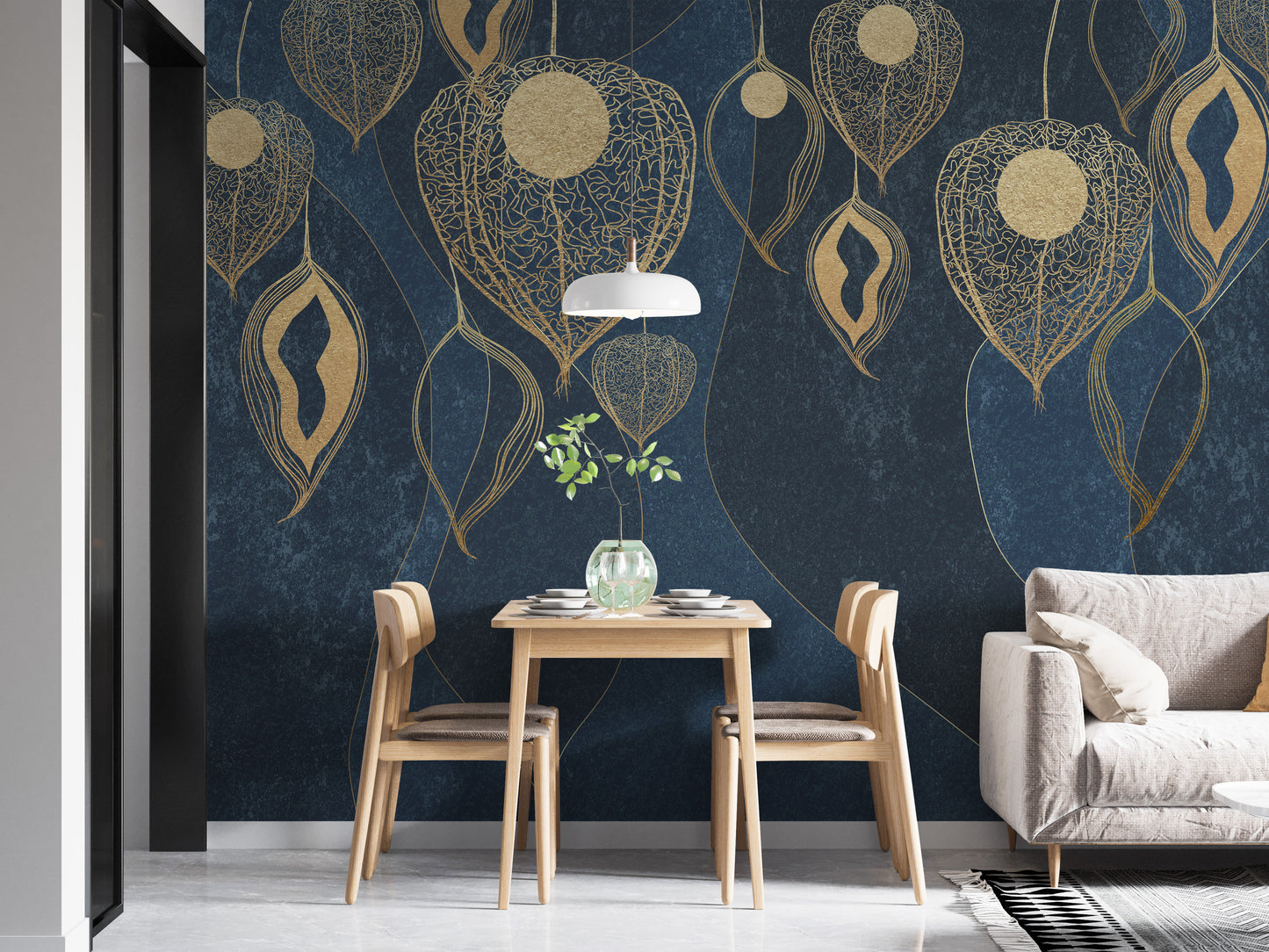 Golden leaves wallpaper mural on blue