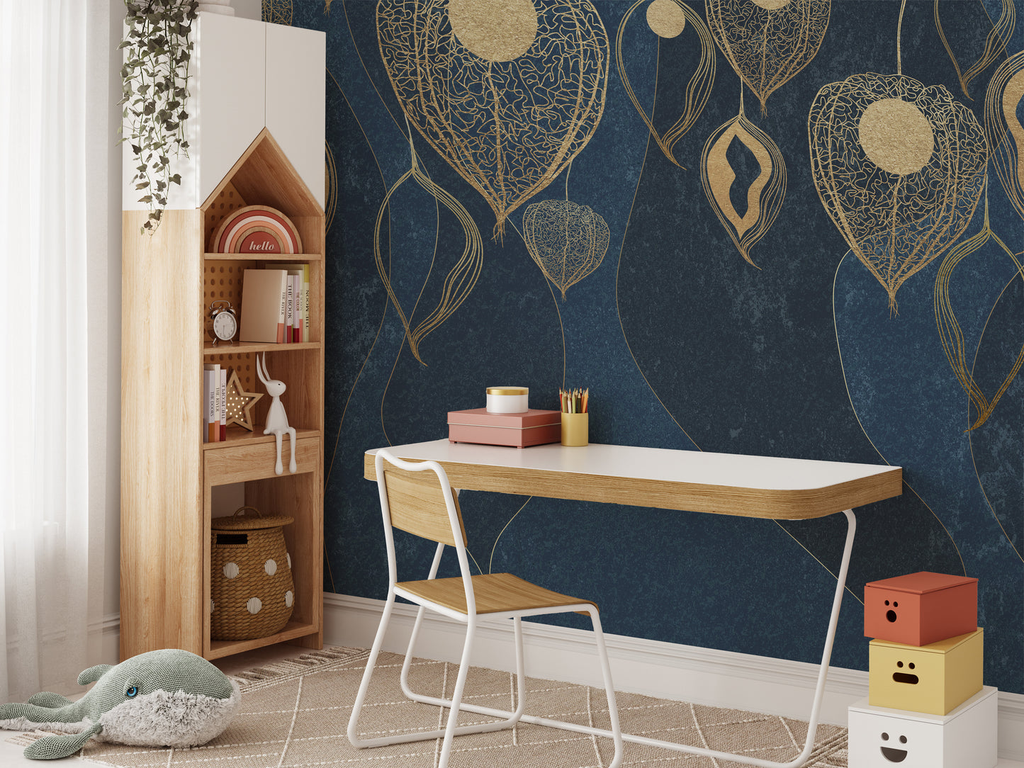 Golden Leaves on Dark Blue Wallpaper Murals