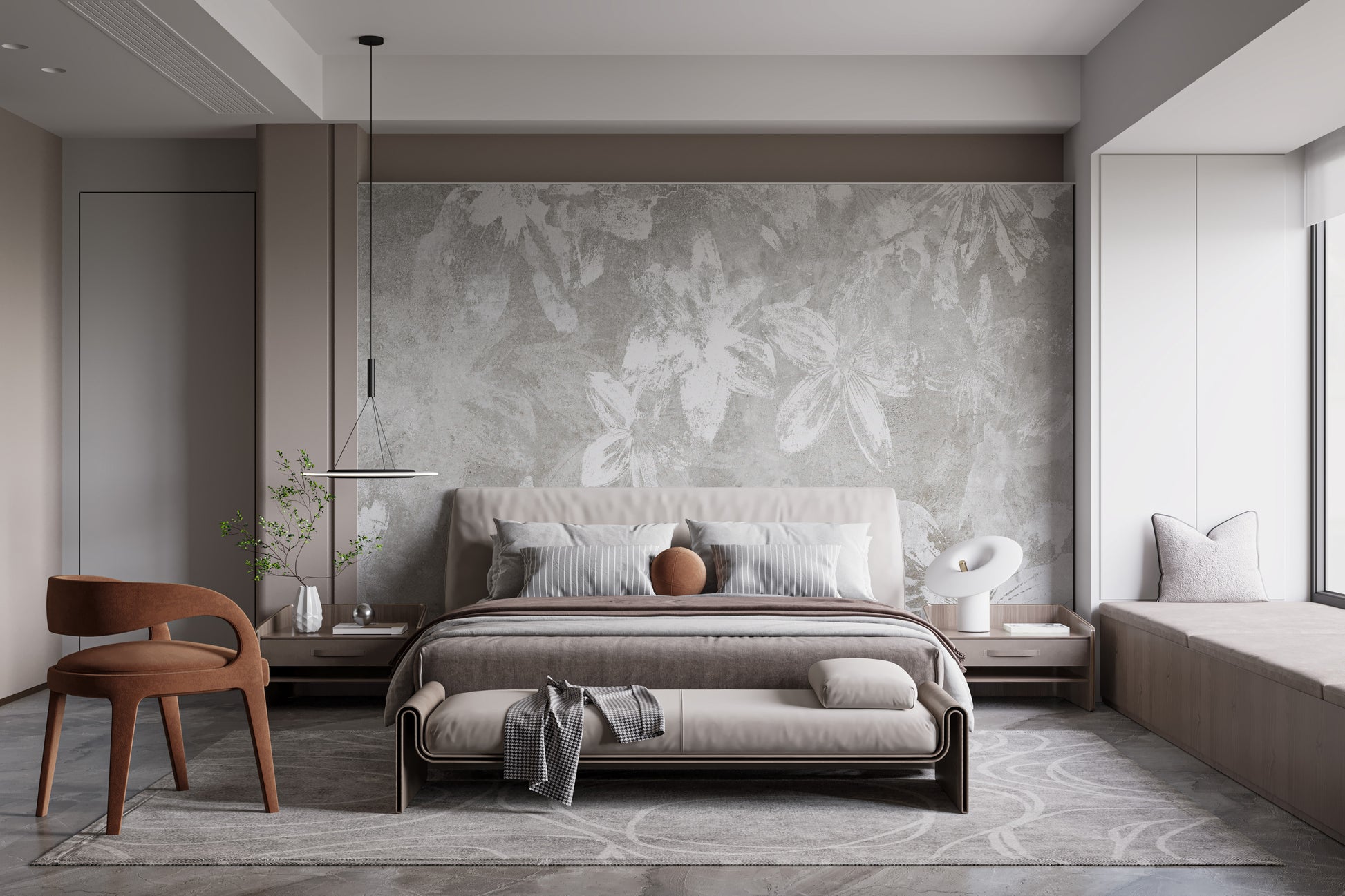 Rustic-themed wallpaper mural featuring white flowers