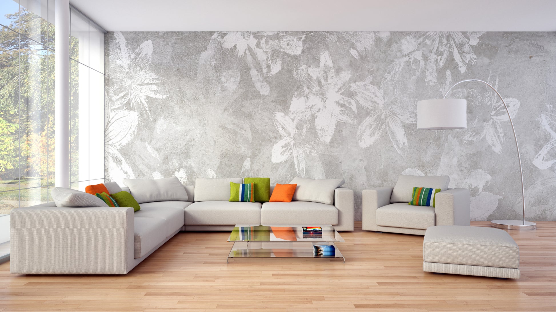 White floral mural with rustic charm