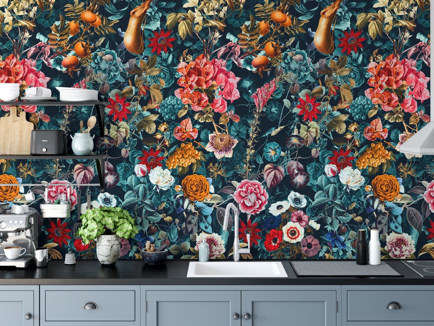 Stylish dark floral and leaves pattern wallpaper