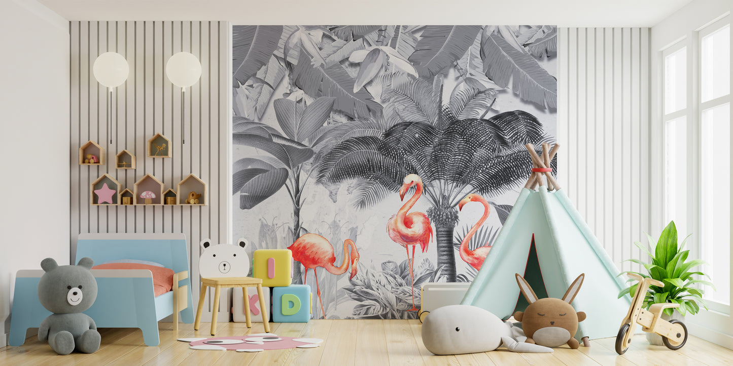 Monochrome Forest Pink Flamingo Wallpaper Murals - Giffywalls