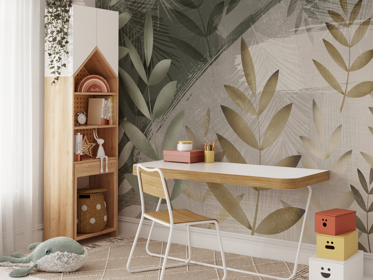 Green and Beige Color Leaves Wallpaper Murals