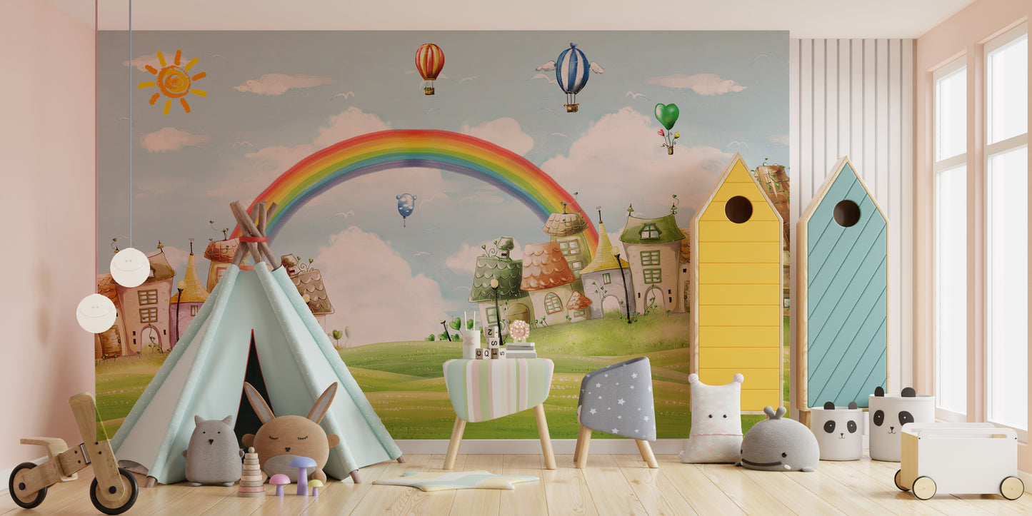 Kids City Landscape Rainbow Balloons Wallpaper Murals