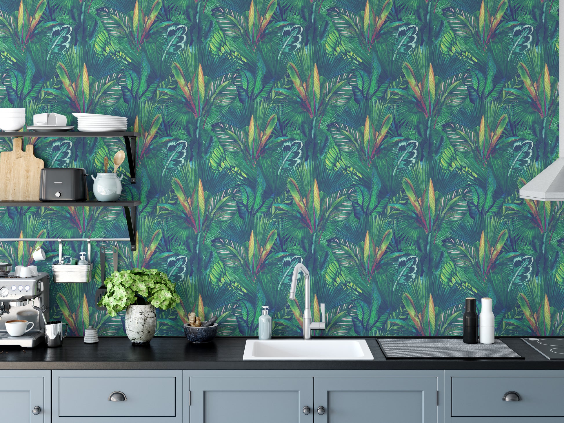 Green tropical leaf wallpaper design