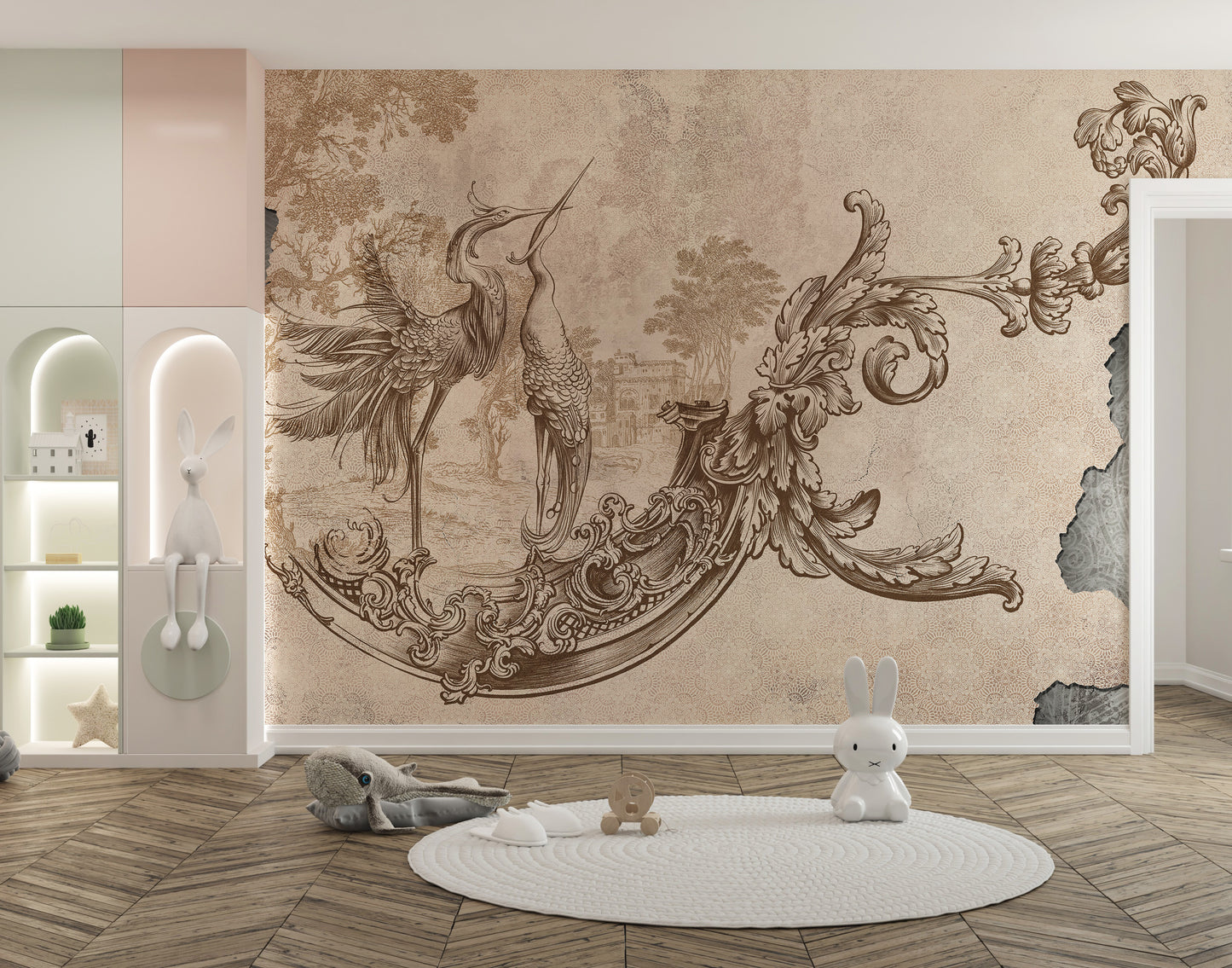 Elegant Rococo wall mural in beige tones
