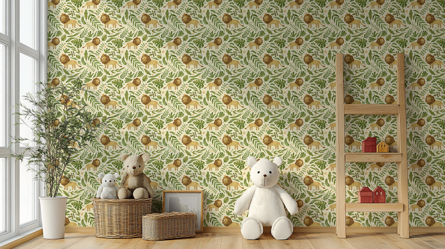 Kids' room wallpaper with watercolor lion
