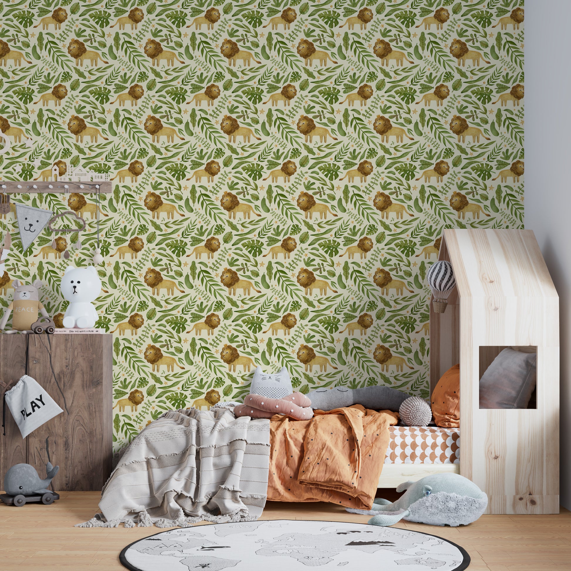 Playful lion and leaves wall mural design
