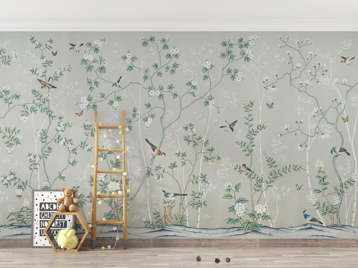 Gray & Green Leaves Chinoiserie Wallpaper