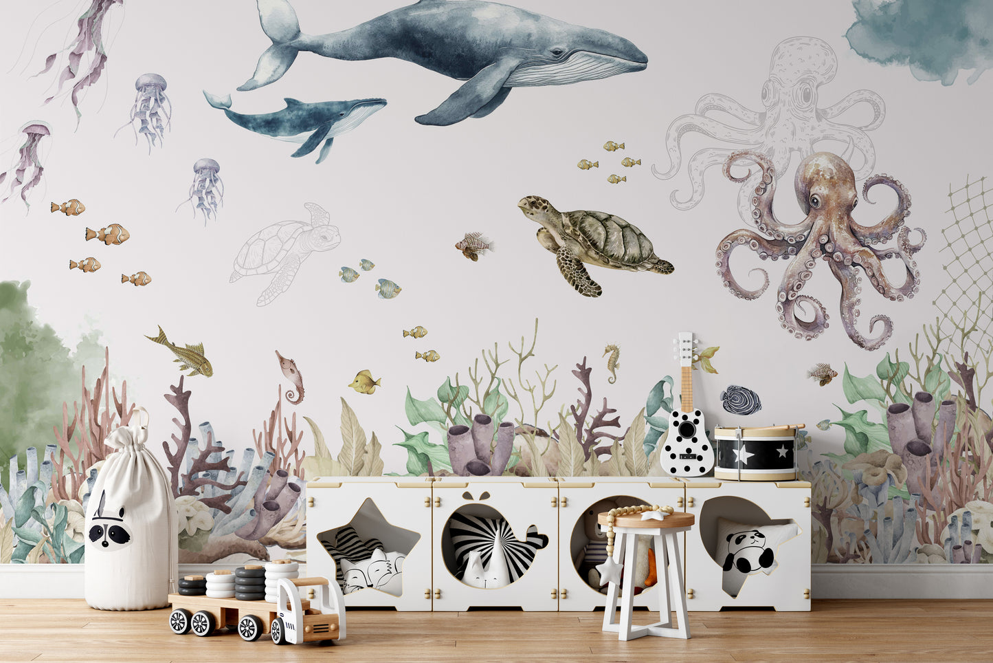 Watercolor Ocean Life Wall Mural