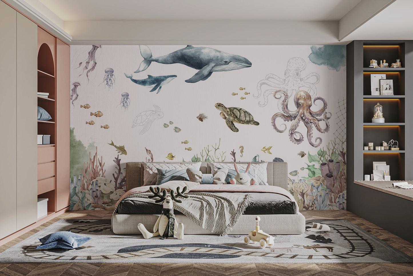 Gentle ocean waves and jellyfish mural artwork.
