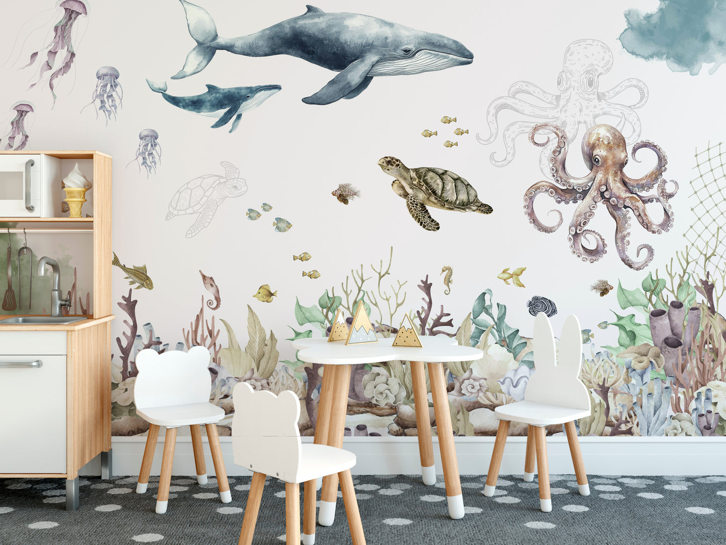 Serene watercolor ocean mural with marine life.
