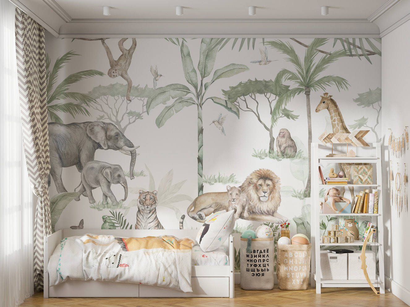 Watercolor jungle wallpaper with soft safari animals.
