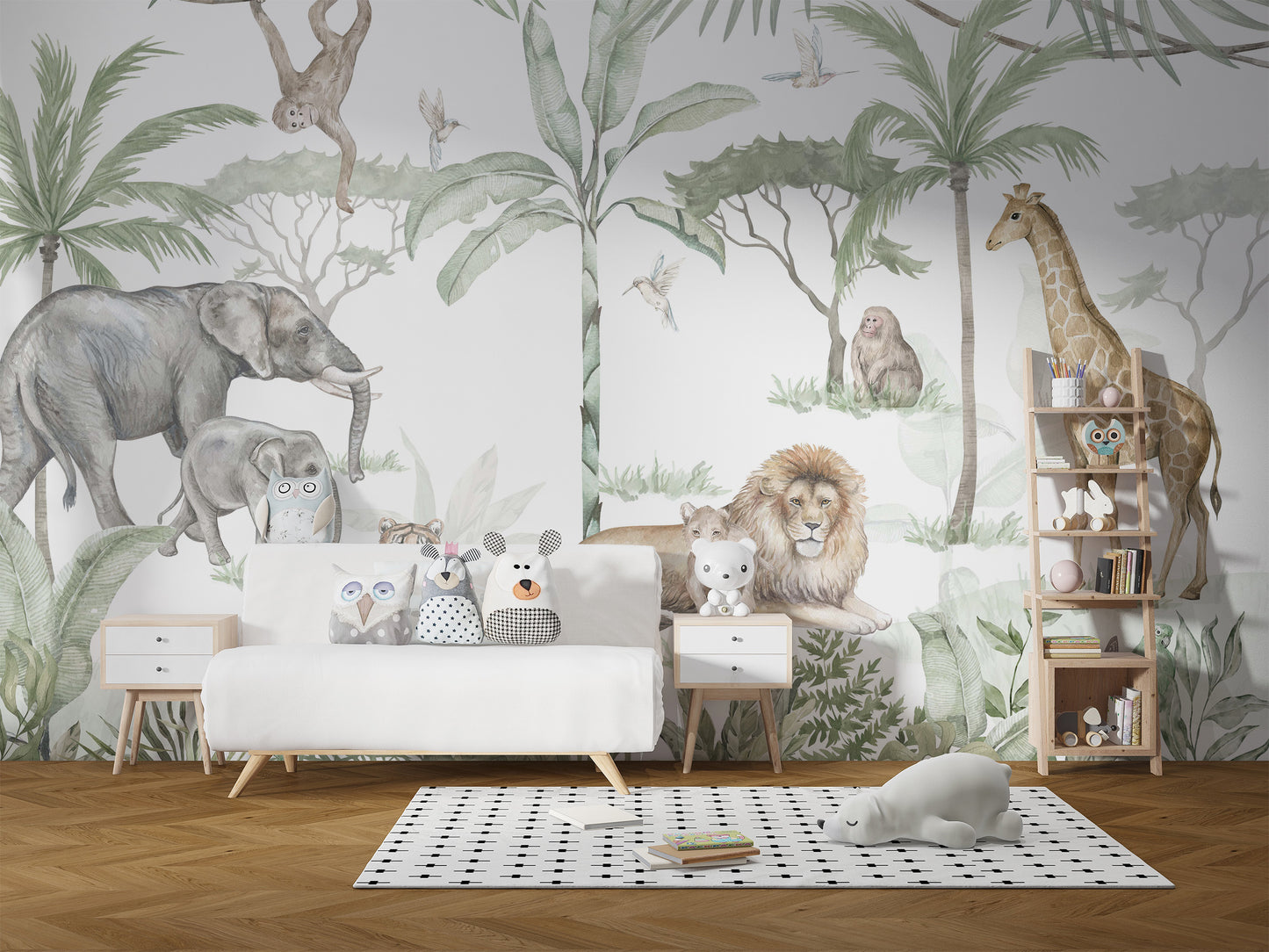 Tropical safari mural in soft watercolor hues.
