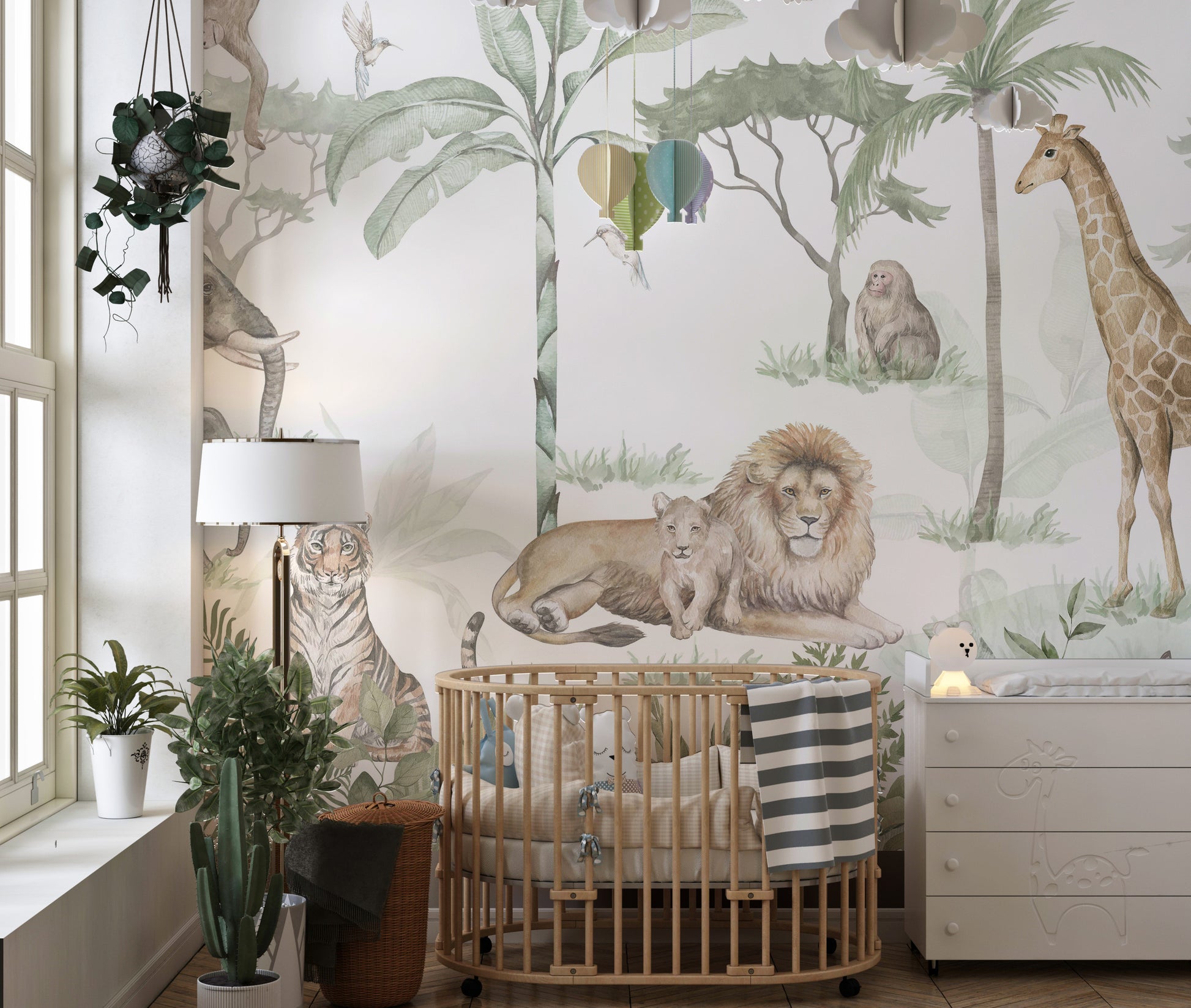 Lush jungle scene in a watercolor safari mural.
