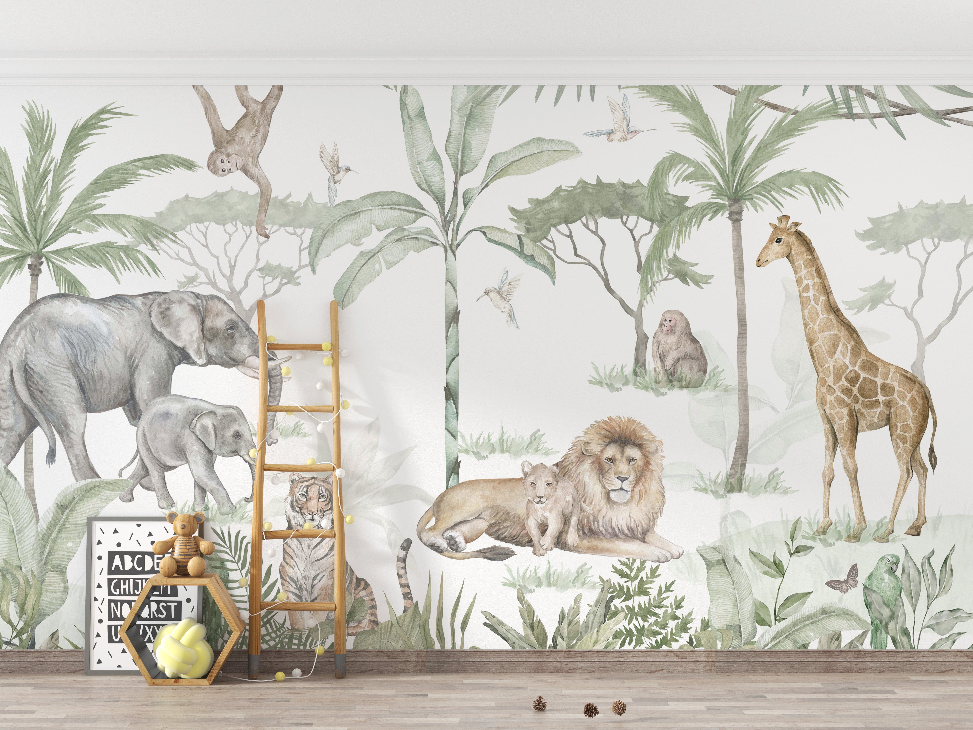 Watercolor forest wallpaper with exotic wildlife.
