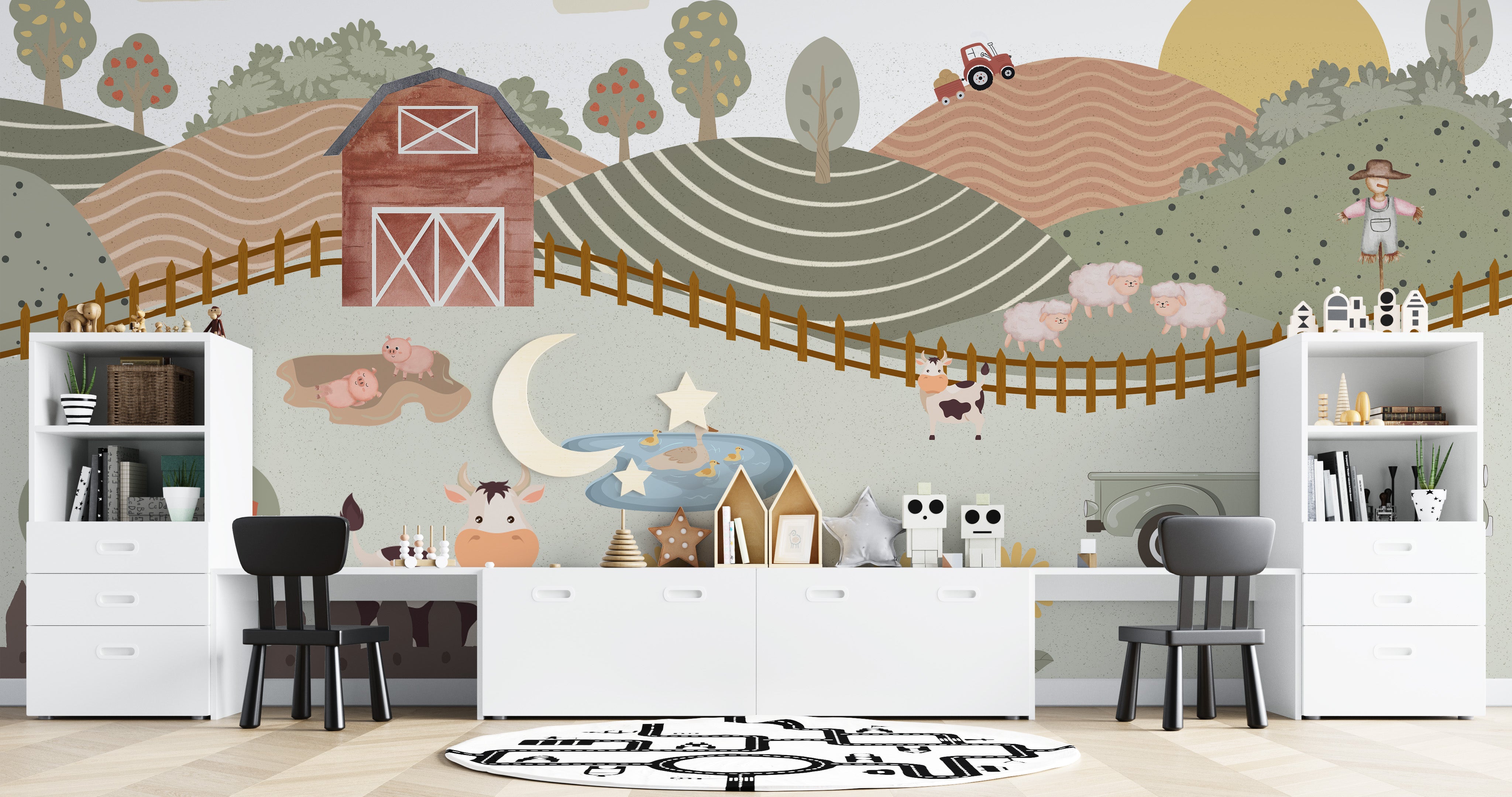 Whimsical cows, pigs, and sheep in a farm mural.
