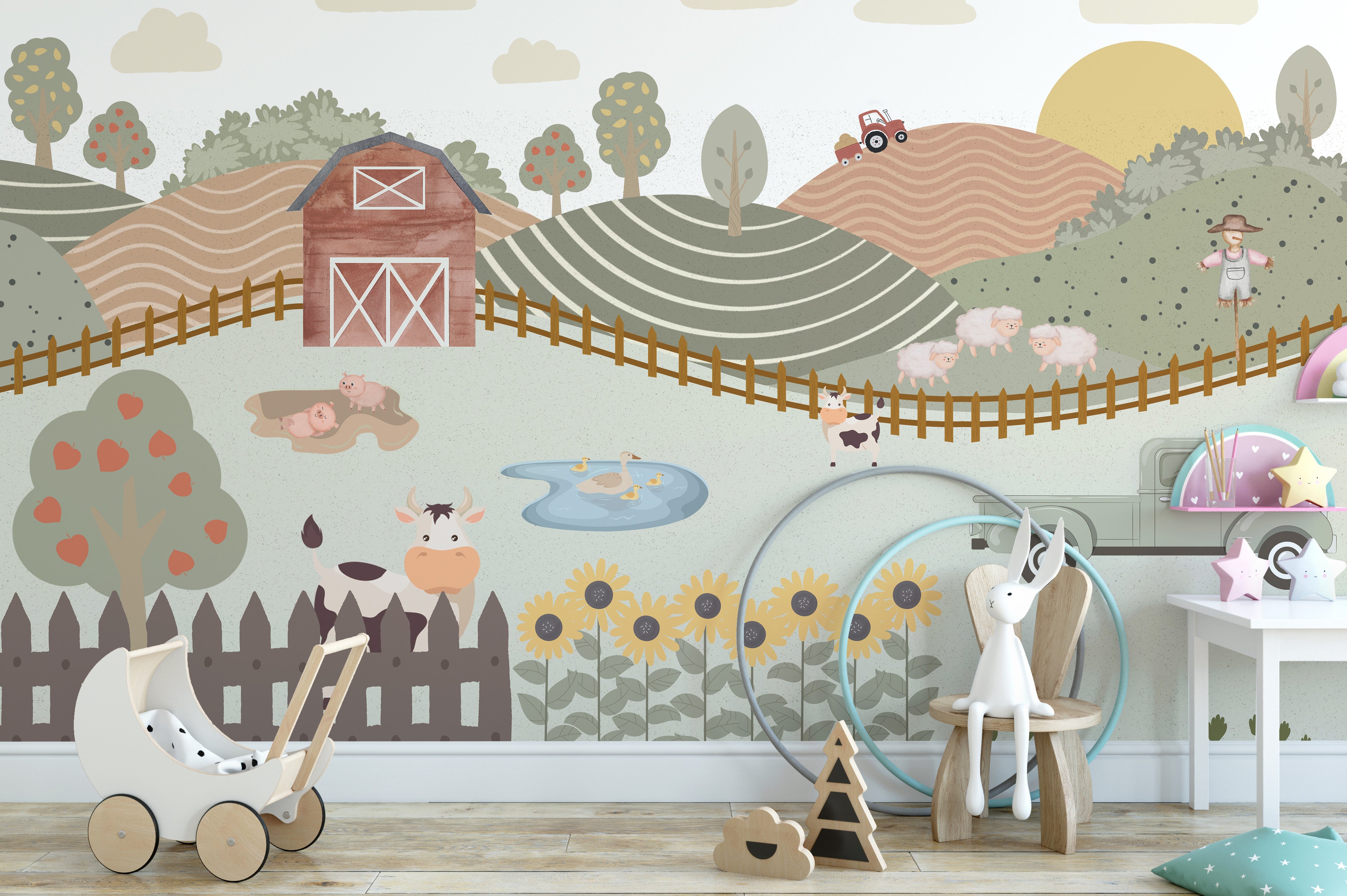 Scenic farm landscape with animated animals.
