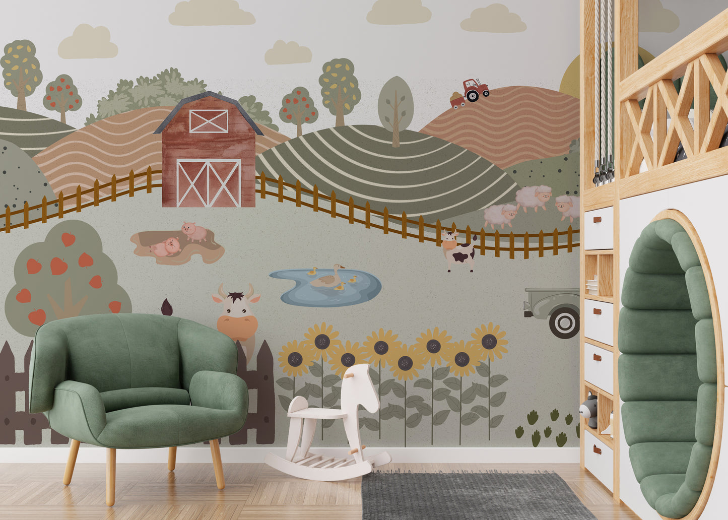 Rustic farm animals mural with vintage charm.
