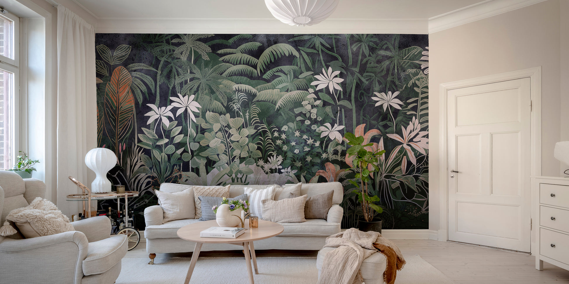 Exotic jungle wallpaper mural with lush green foliage.